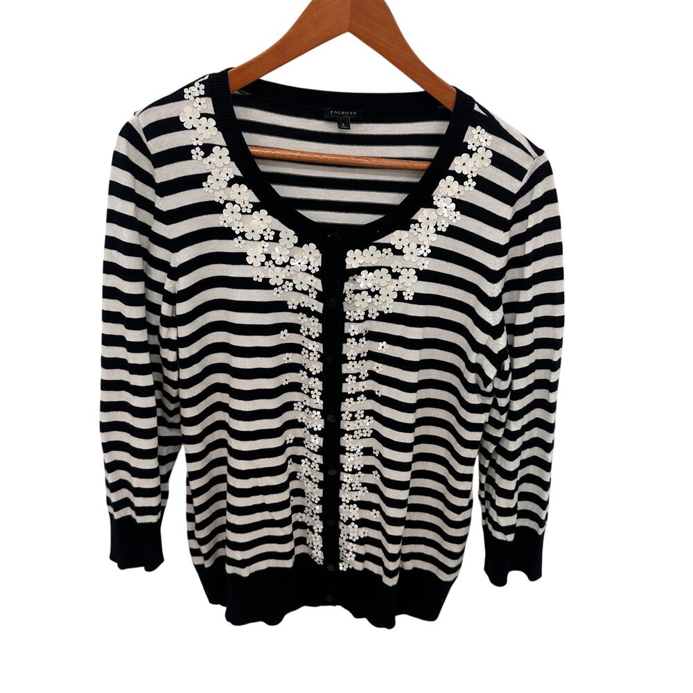 TALBOTS Black & White Striped Cardigan with Floral Details // L